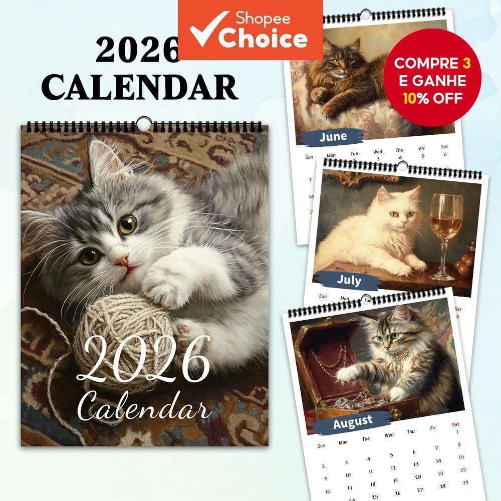  Calendário de Parede 1un 2026, Foto de Gato em Alta Resolução, Planejador de Estudos, 12 Lindos Designs, Planejamento