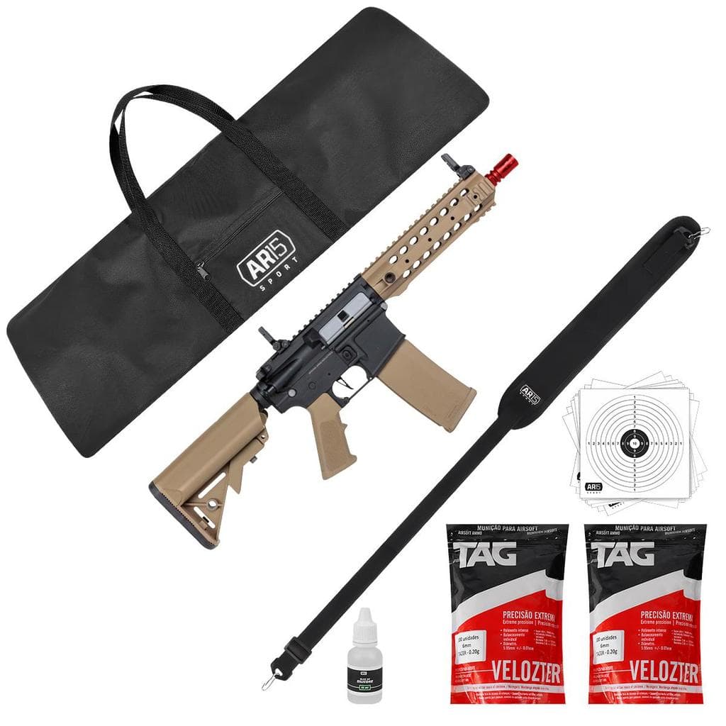 Kit Rifle Airsoft AEG M4 SA-F01 6mm Tan Bandoleira 2x BBs