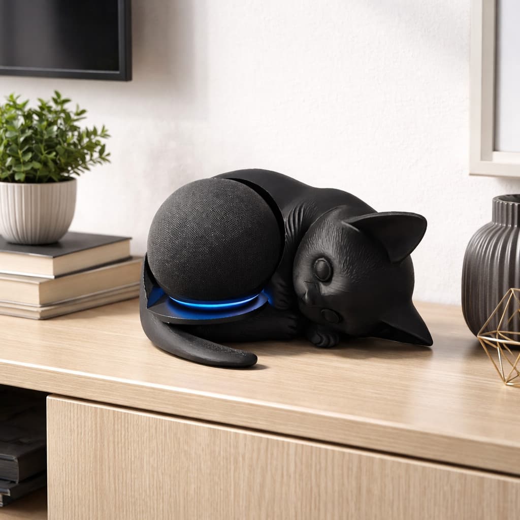 Suporte Alexa Echo Dot 4 e 5 Geração Gato Decorativo em 3D para Estante, Mesa e Rack Moderno
