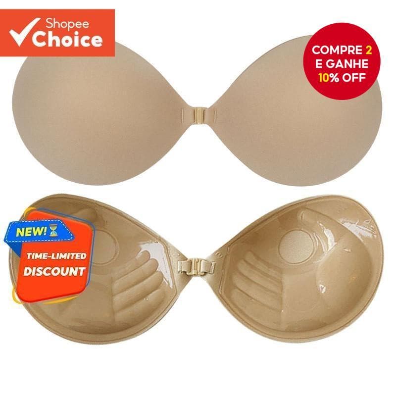Sutiã Push-Up Acolchoado 3CM Cáqui – Sem Alças , Adesivo E Reutilizável Com Capas Para Mamilos Fecho Frontal