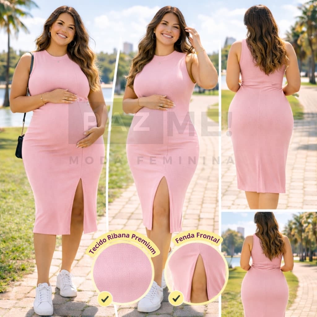 Vestido Midi Para Gestante Com Fenda e Tamanhos Plus Size PAZME