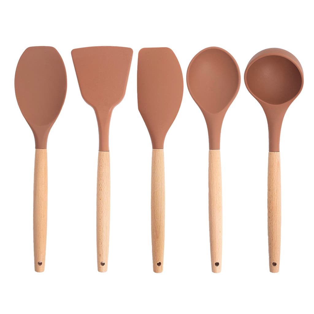 kit 5 utensílios de silicone com cabo de madeira para cozinha - oikos