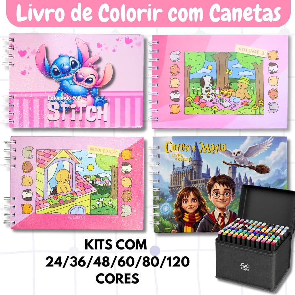 Livros de Colorir com Canetas Ponta Dupla 24/36/48/60/80/120