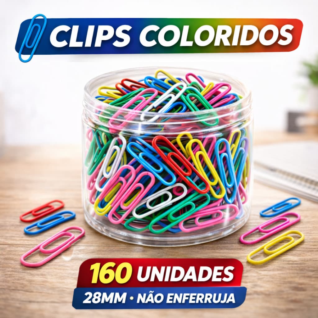 Clips Coloridos 28mm Maxprint 160 Unidades Pote Clips Papel Escritório Escola Papelaria estudos trabalho
