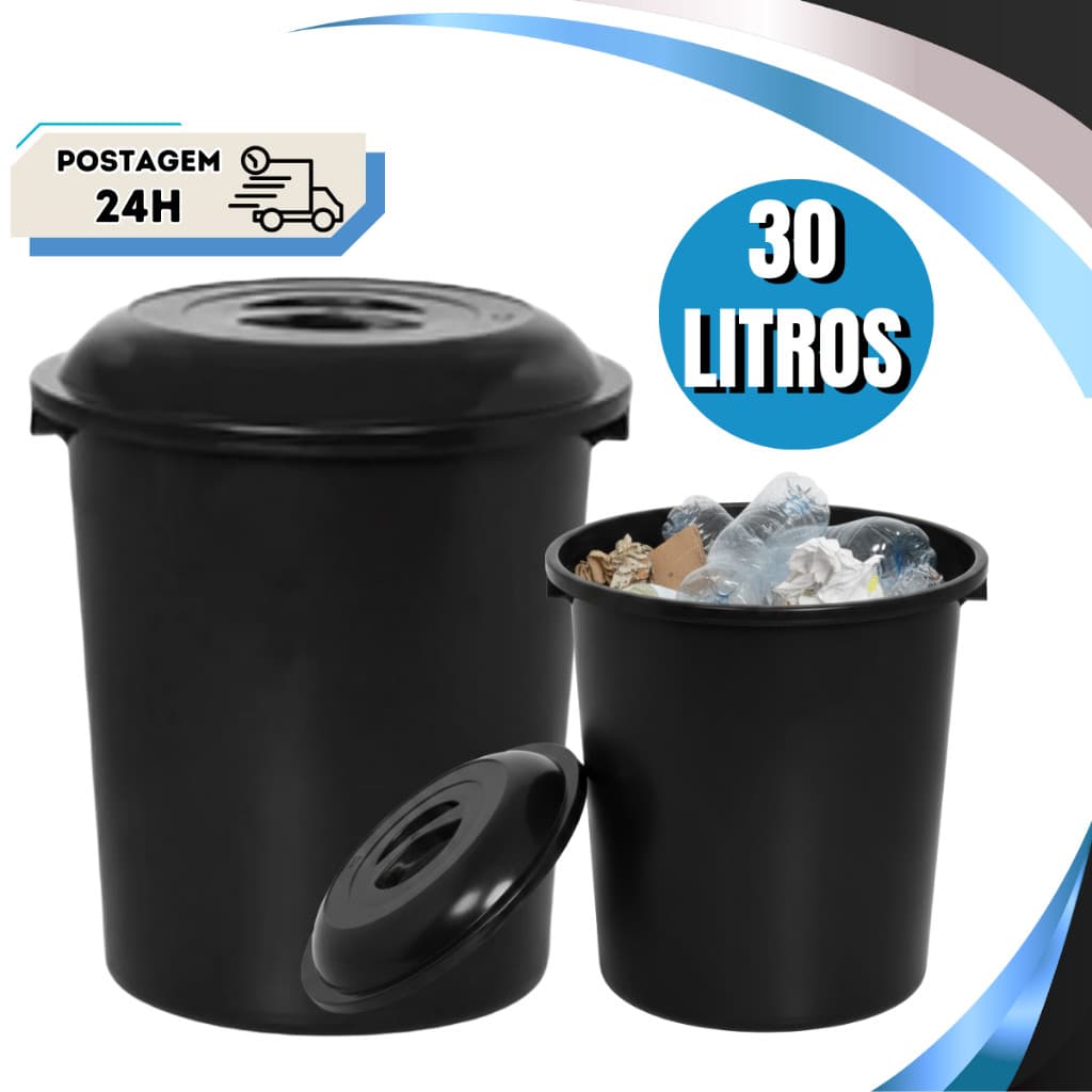 Cesto de Lixo Lixeira 30 Litros Preto Black Com Tampa Uso Geral Interno e Externo