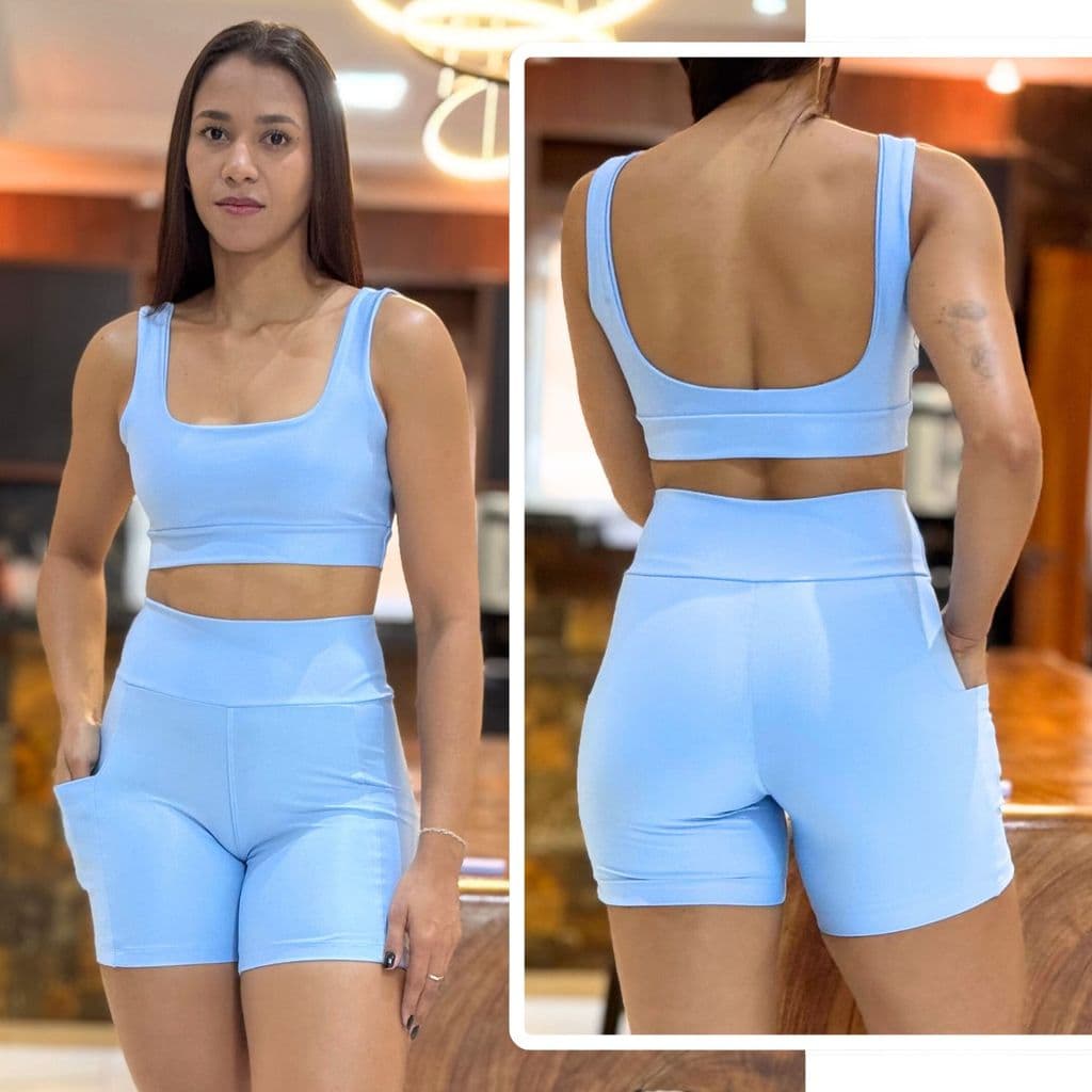 Conjunto de Academia Feminino Short com Bolso Zero Transparência e Cintura Alta + Top com Forro Duplo