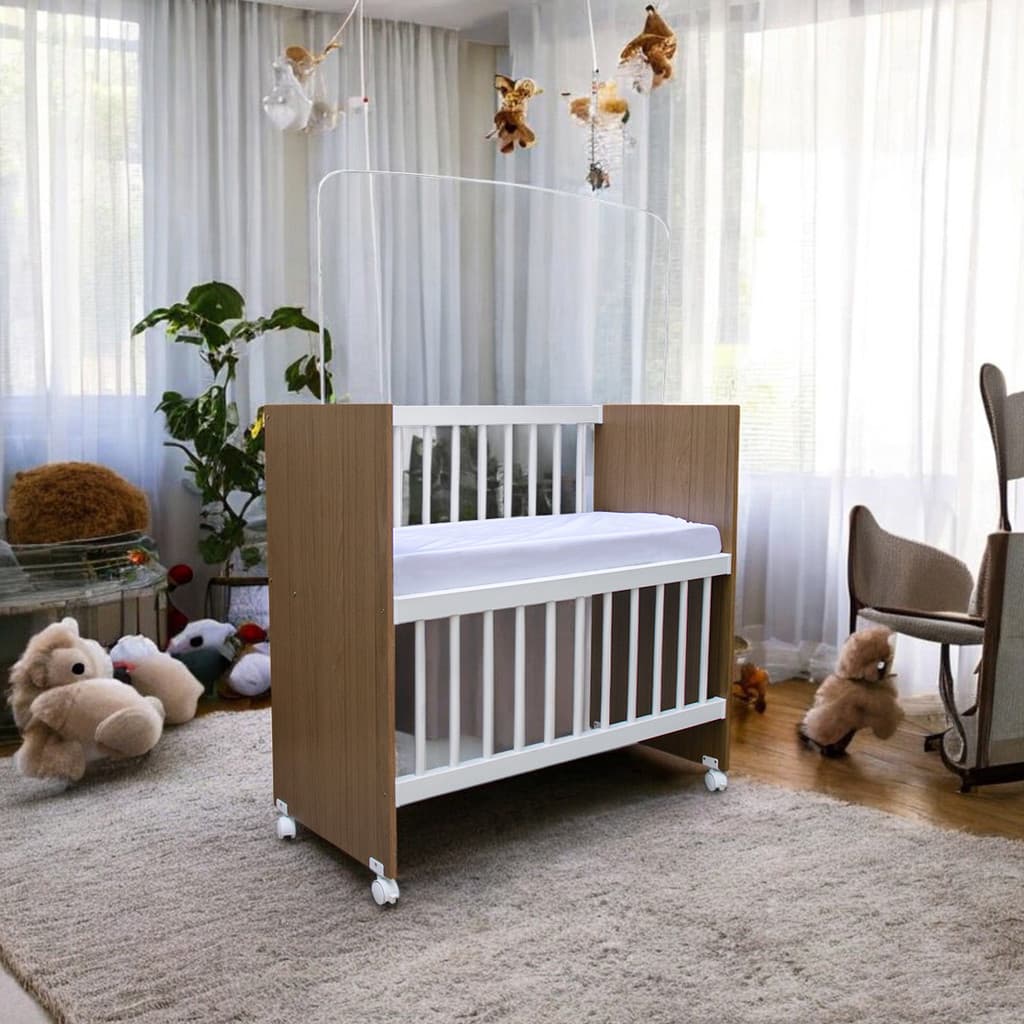 Mini Berço Alegria GRADE FIXA com Colchão, Varão Mosqueteiro e Rodinhas