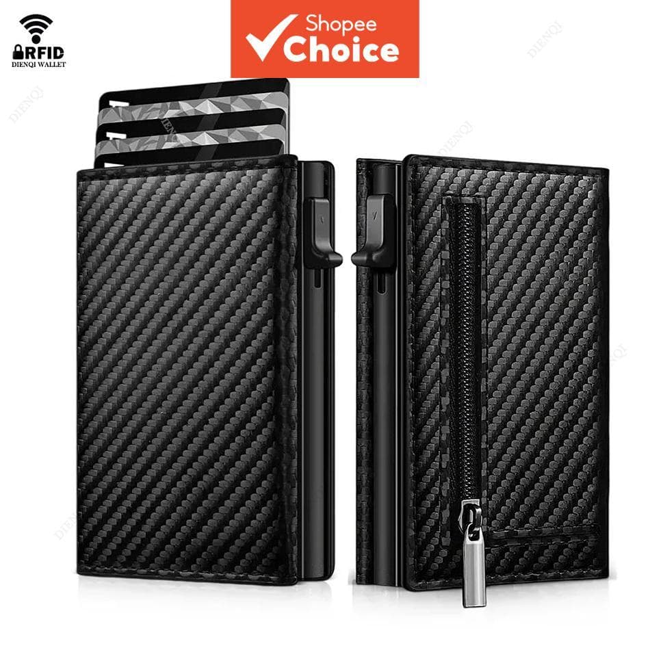  Porta-cartões de crédito RFID, carteira masculina com mecanismo pop-up de metal, porta-cartões bancário trifold,