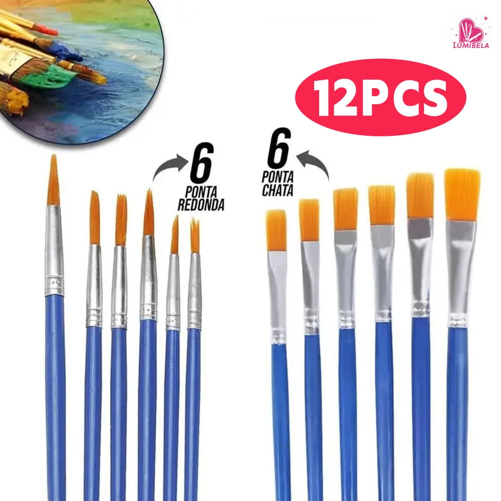 Kit12/24 Pincel Nylon Prof Ponta Fina Detalhe e ChatoCerdas Macias Não Solta Pelo p/ Guache Acrílica Aquarela Artesanato
