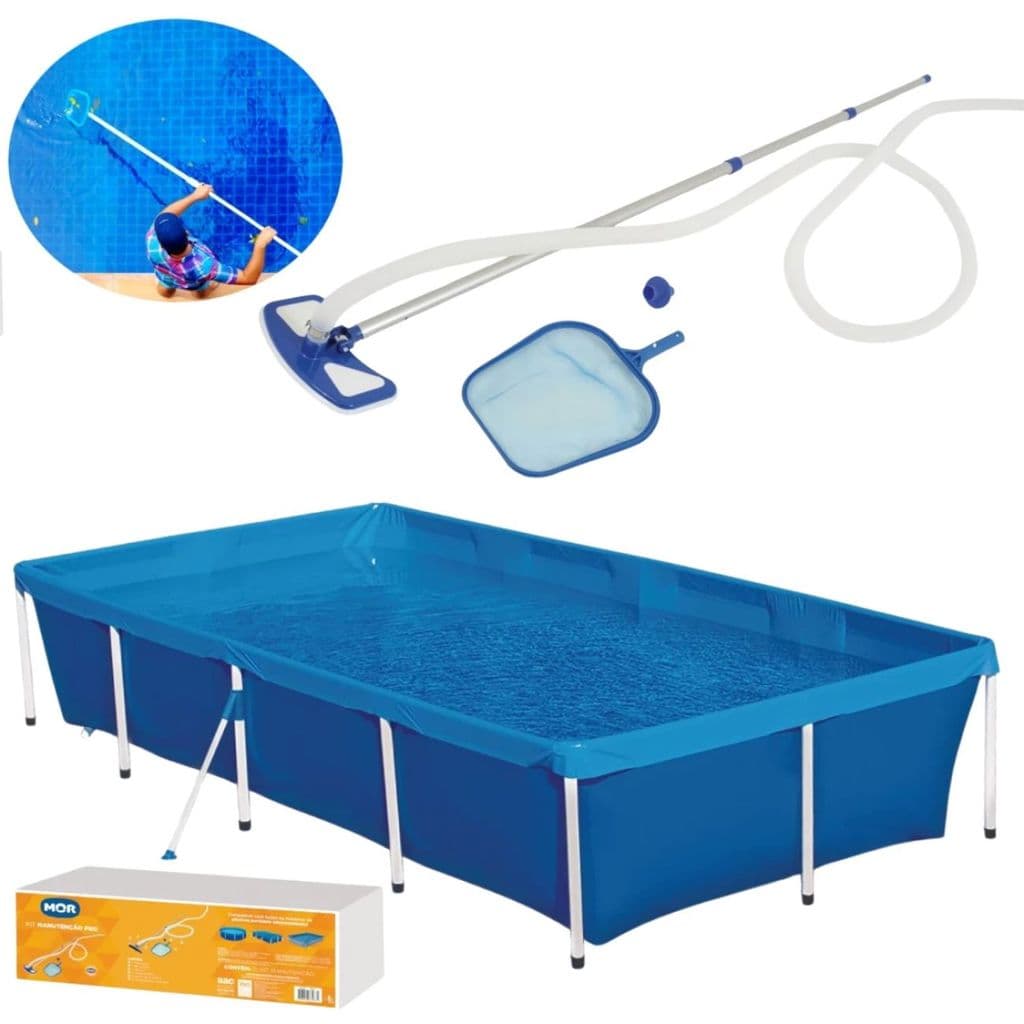 Kit Piscina 3000 Lts Mor + Kit Manutenção Limpeza da Piscina com Aspirador Peneira Mangueira e Haste