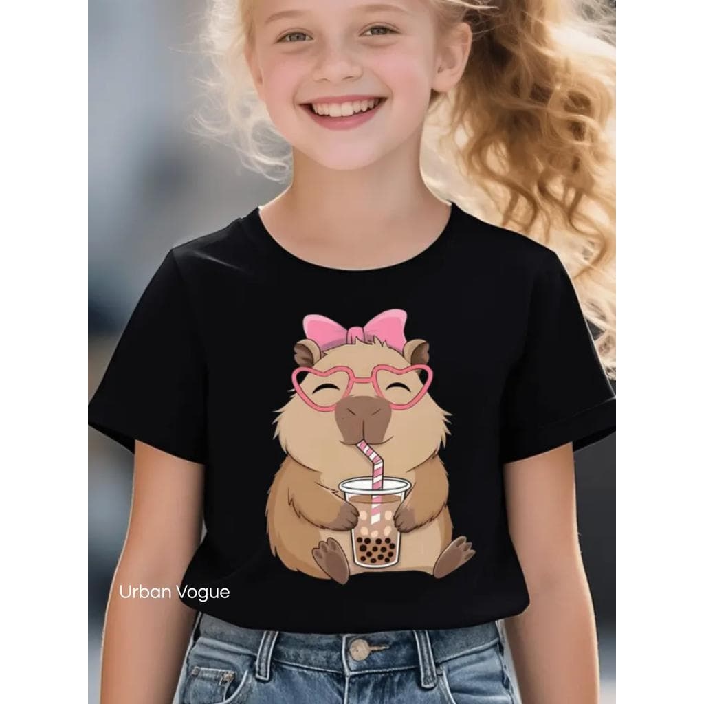 Camiseta Infantil Estampada Capybara Bubble Tea capivara Blusinha Menina 100% algodão
