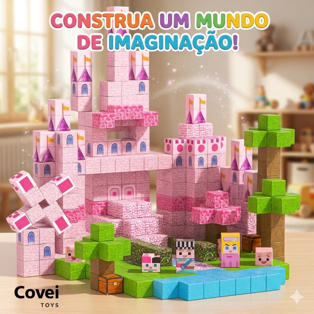 Blocos Magnéticos de Montar 96 Peças Rosa Menina – Construção Criativa Brinquedo Educativo