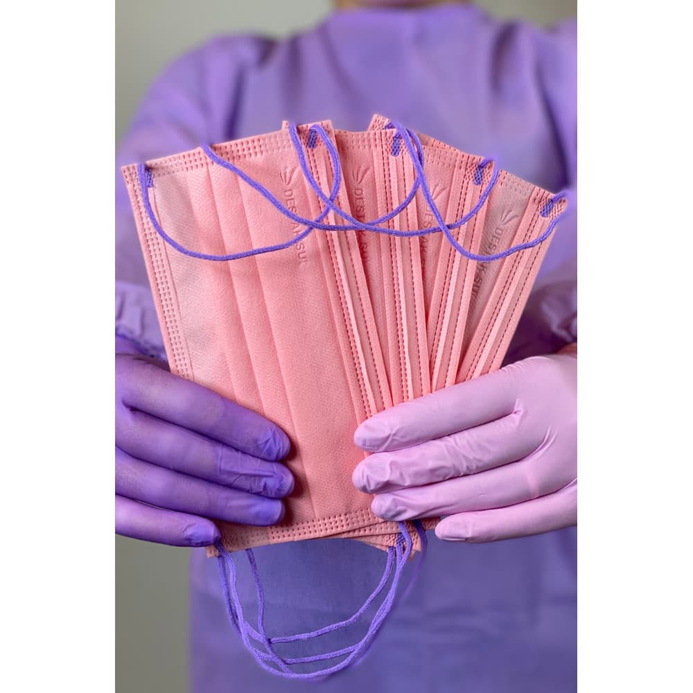 Máscara Descartável Tripla Camada Proteção Rosa com Elástico Lilás com 50 Unidades Destak
