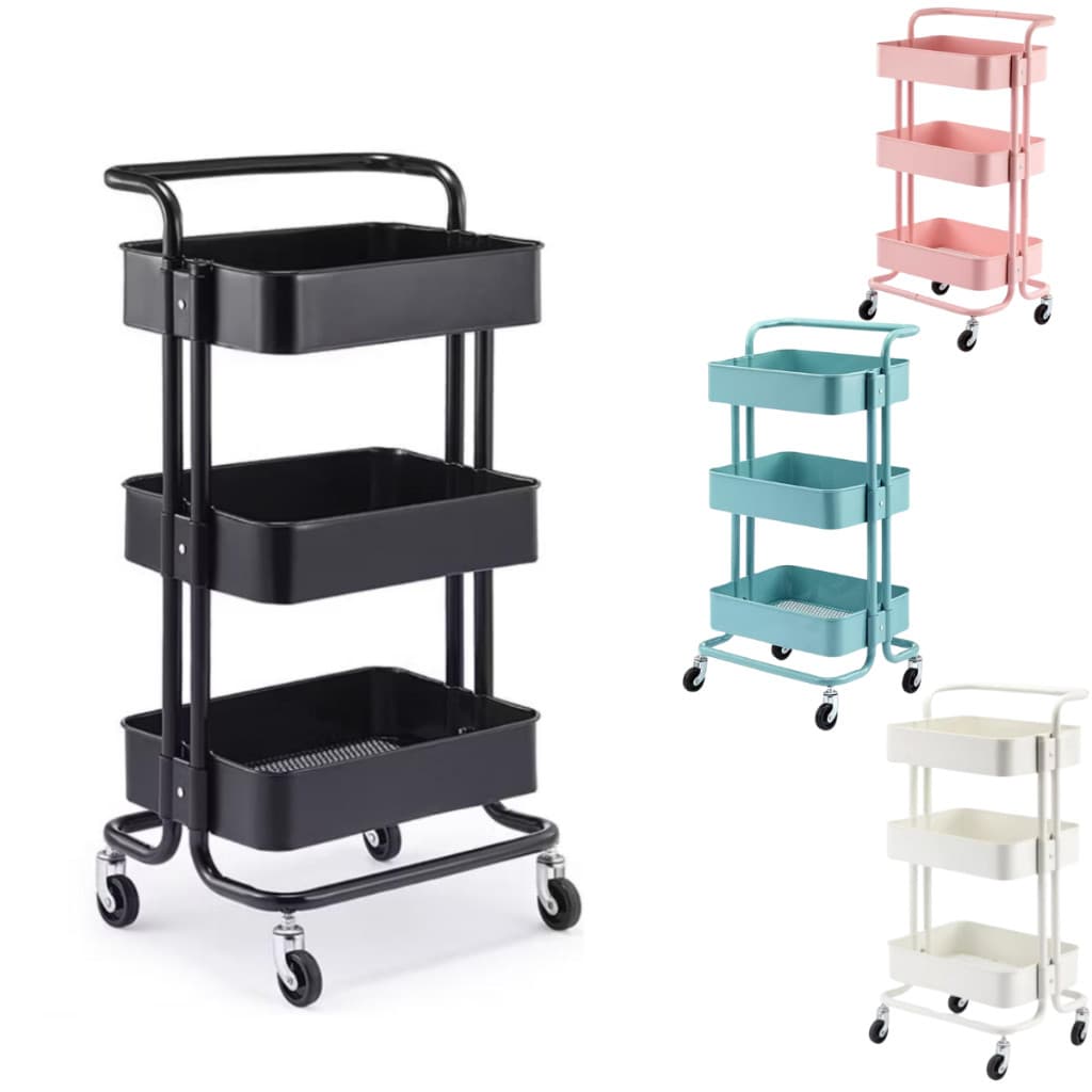 Carrinho Organizador Multiuso 3 Prateleiras e Alça Auxiliar Em Aço Com Rodinha