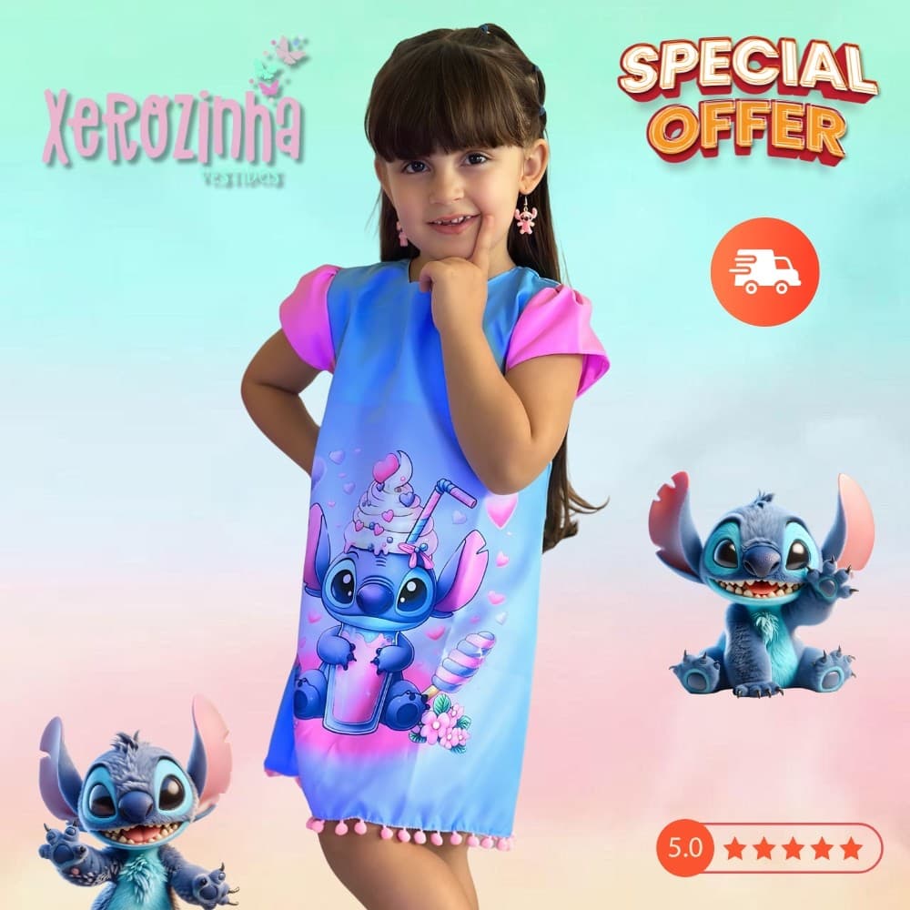 Vestido Infantil Stitch e Angel Menina Estampado Leve Verão 2 a 8 Anos