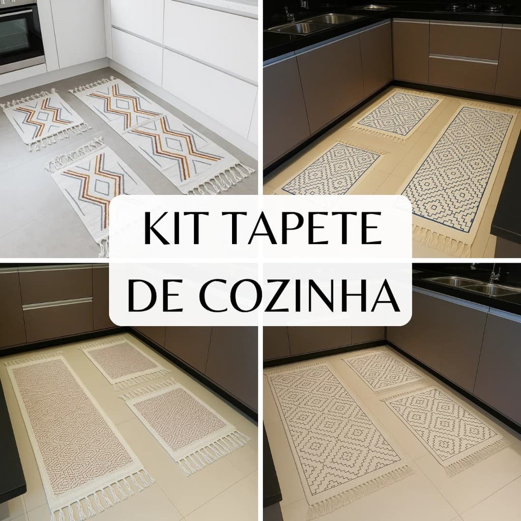 Kit tapete cozinha 100% algodão com passadeira geometric 3pç