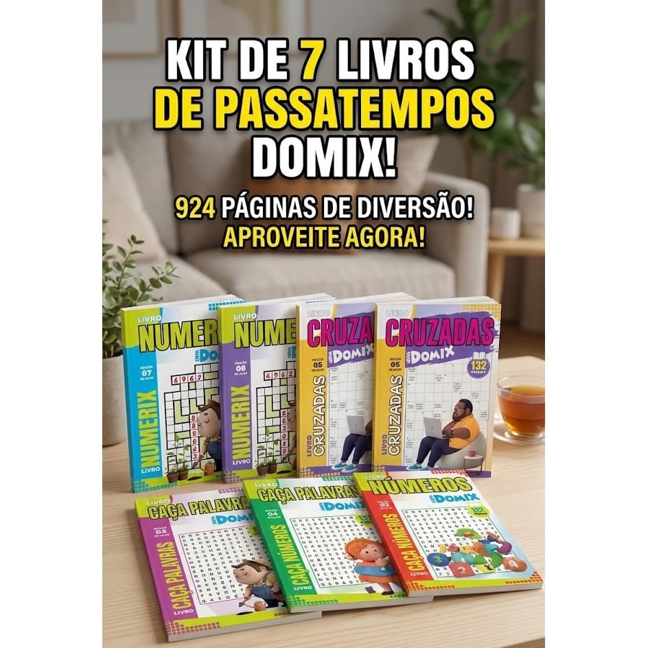 Kit 7 Livros Cruzadas, Caça Palavras, Numerix E Caça Números - Domix C/ 924 páginas