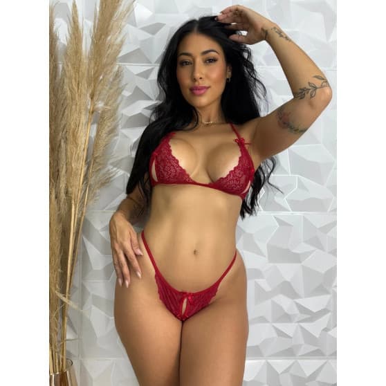Conjunto Feminino Em Renda Fio Dental Moda Íntima + 1Raspadinha de Brinde