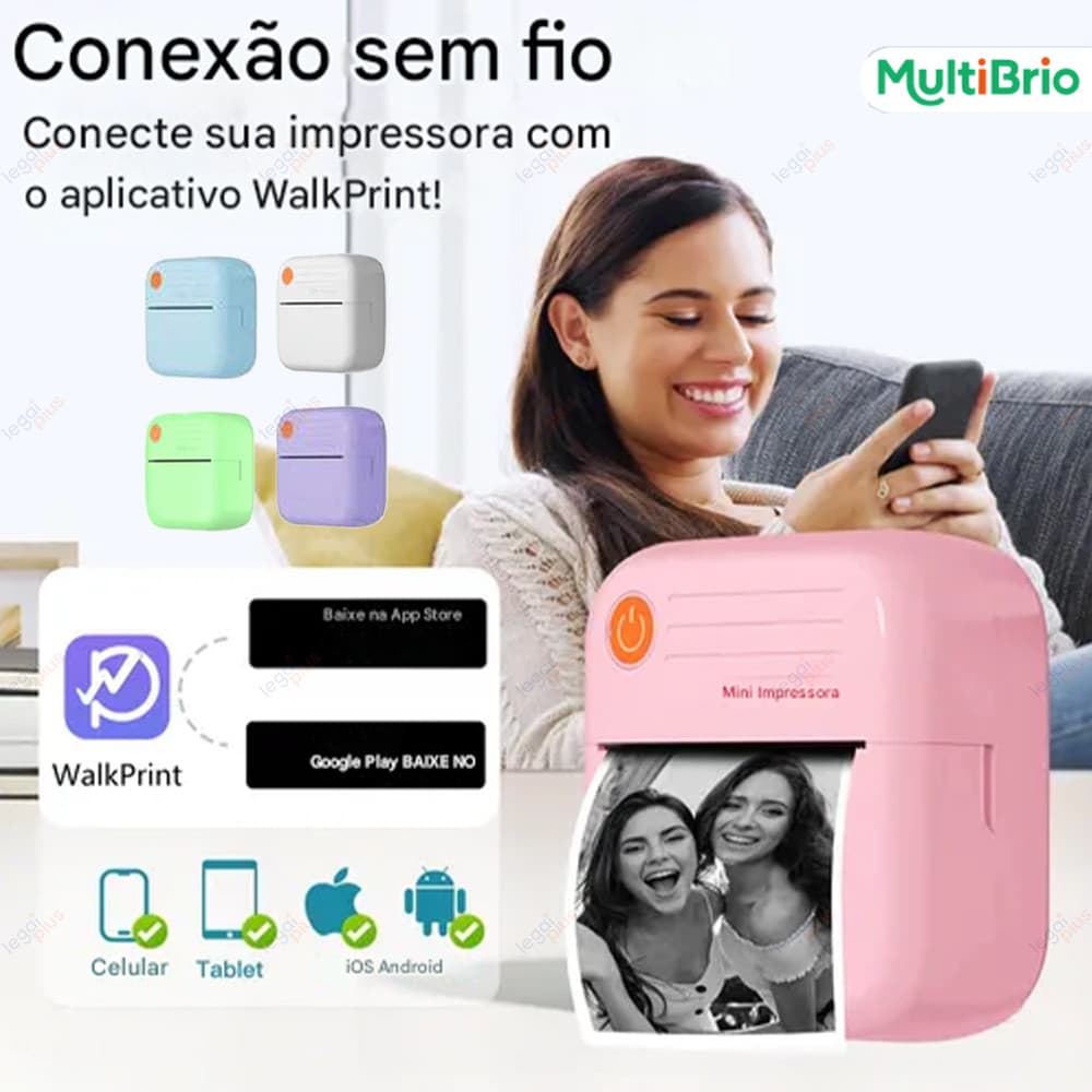 Nova mini impressora: modelo portátil e sem fio, compatível com sistemas Android e iOS, impressão em papel térmico.
