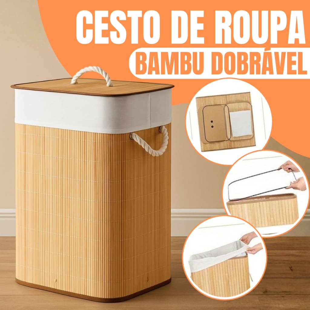 Cesto de Roupa Bambu 60L  Dobrável – Organizador com Revestimento Interno alta capacidade