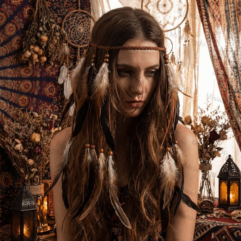 MISWINGDO Tiara Tribal Indiana , Cocar Étnico Boho Chique Com Borla De Penas , Boêmia Miçangas