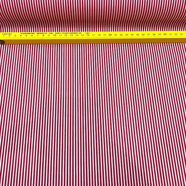 Tecido Tricoline Listrado Vermelho e Branco Fino 3mm Estampa Rotativa