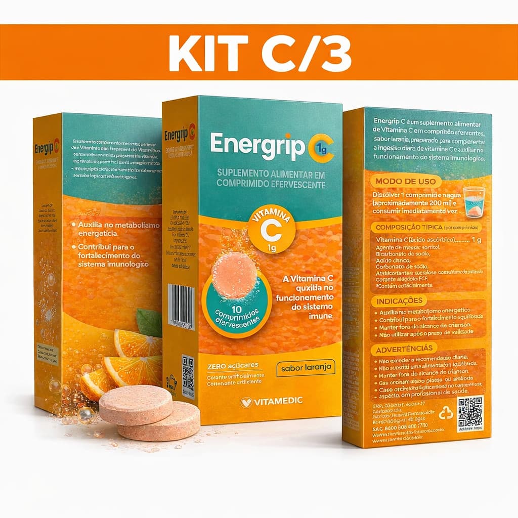 KIT C/3 Vitamina C 1g Energrip 10 Cpr Efervescente - Vitamedic