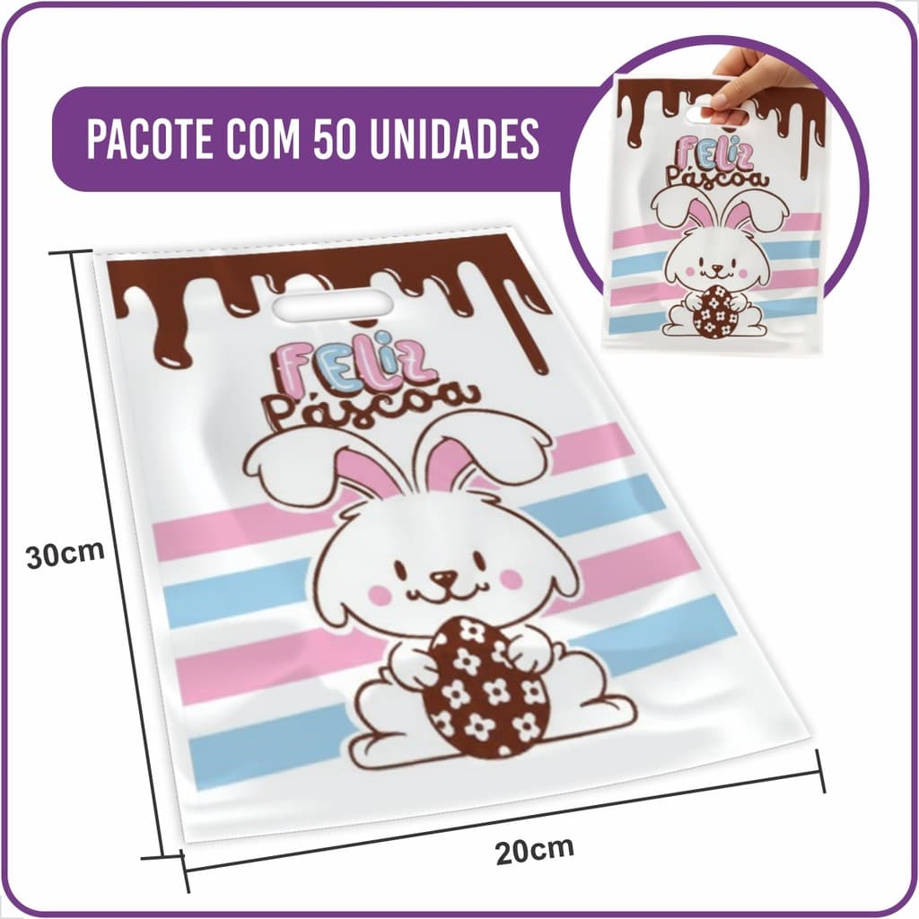 Sacola Plástica Boca de Palhaço Feliz Páscoa Branca 20x30cm - (50 Unidades)