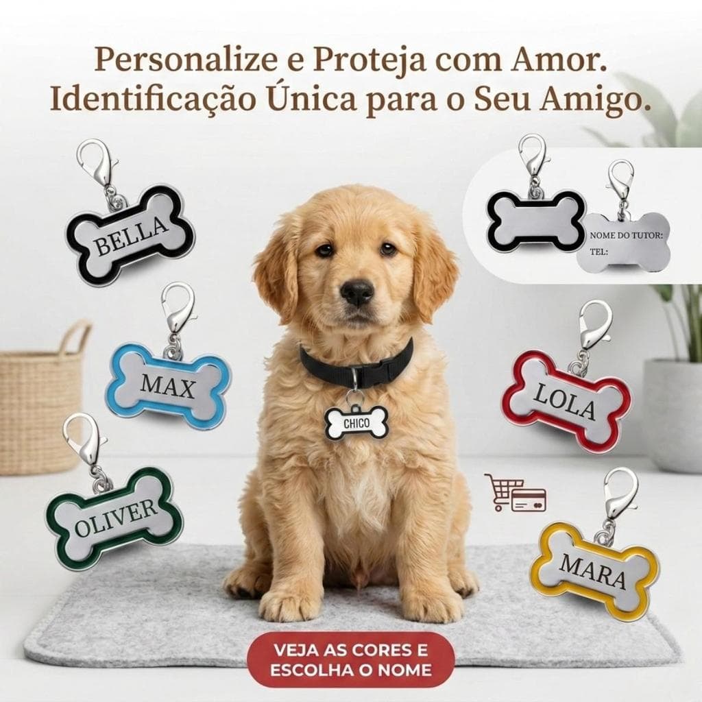Pingente de identificação pet em metal – personalizado com nome e contato P & G