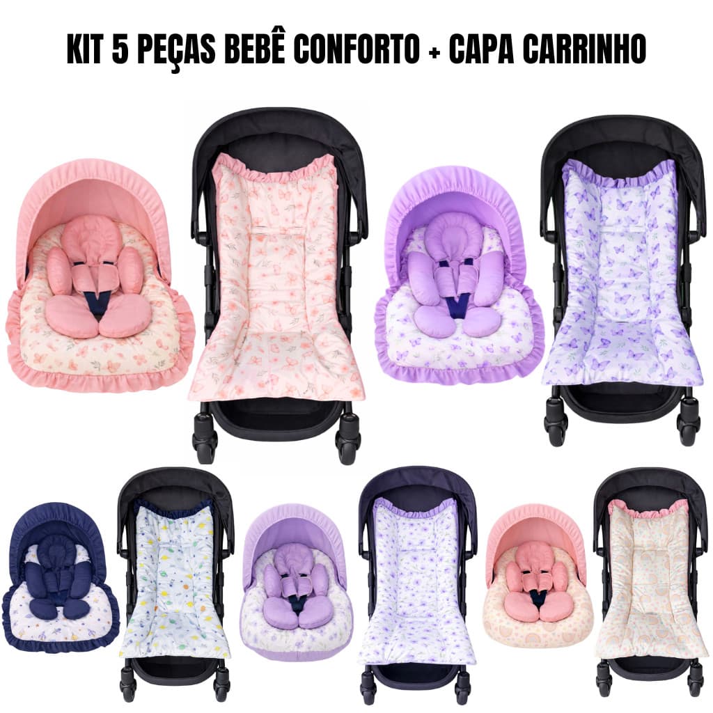 Kit Capa Bebê Conforto 5 peças + Capa Colchonete Carrinho de Bebê Universal Menina Menino