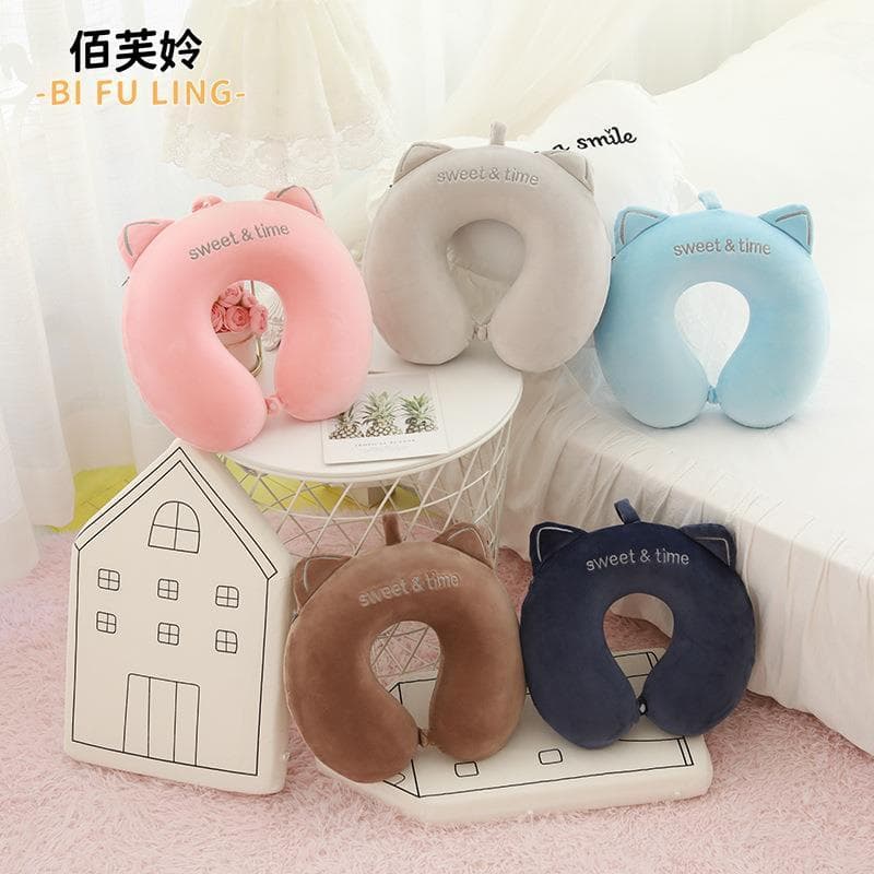 Orelhas de gato espuma de memória em forma de U travesseiro recuperação lenta travesseiro de pescoço de carro avião trav