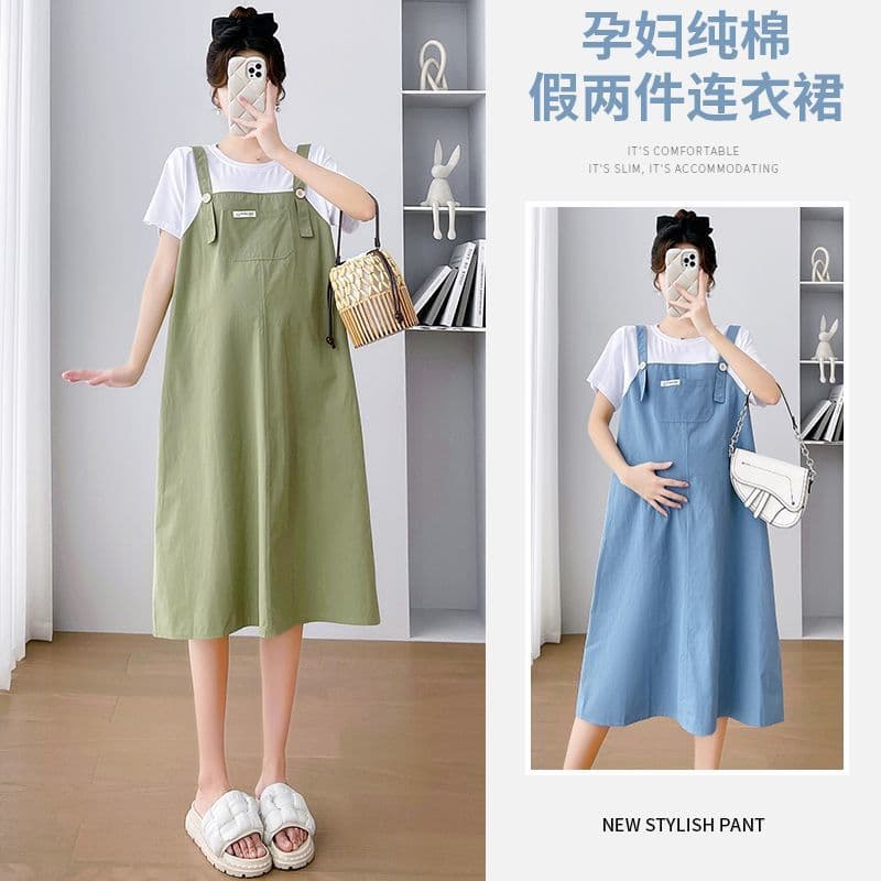 Maternidade verão novo estilo de manga curta camiseta saia longa moda alça solta falso vestido de duas peças Casual tern
