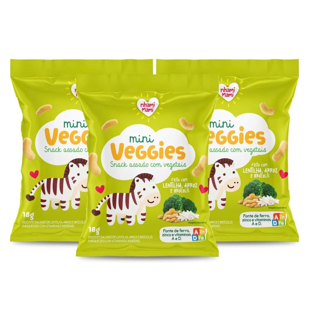Kit Snack Infantil Sem Glúten Lentilha Arroz e Brócolis - Mini Veggies Nhami Mami 3 Unidades 18g