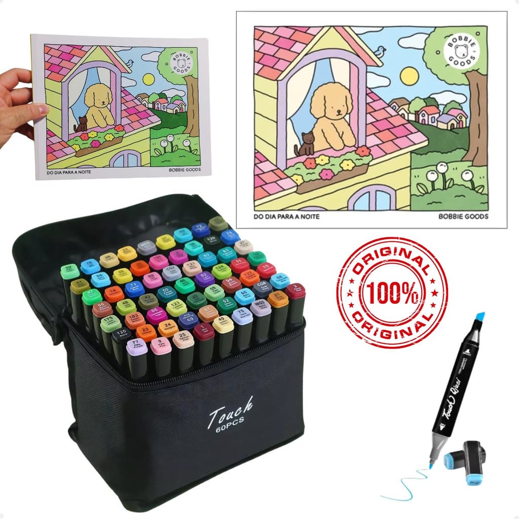 Kit Livro De Colorir Bobbie Goods Com Conjunto De Canetas Marcador Permanente Ponta Dupla 60 Cores Original Relaxante