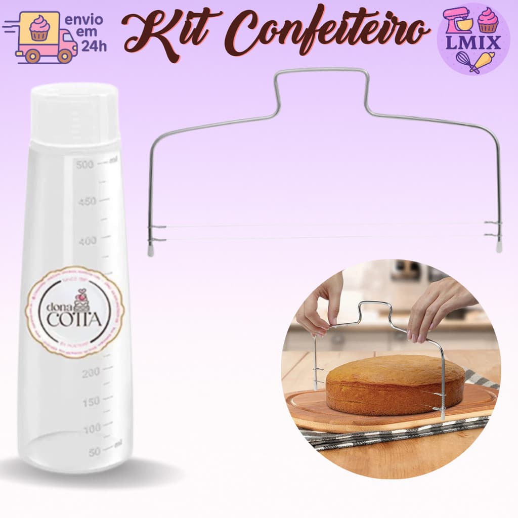 Kit Regador de massas Bisnaga para umedecer Bolo Branco e Cortado Fatiador de Massas Inox