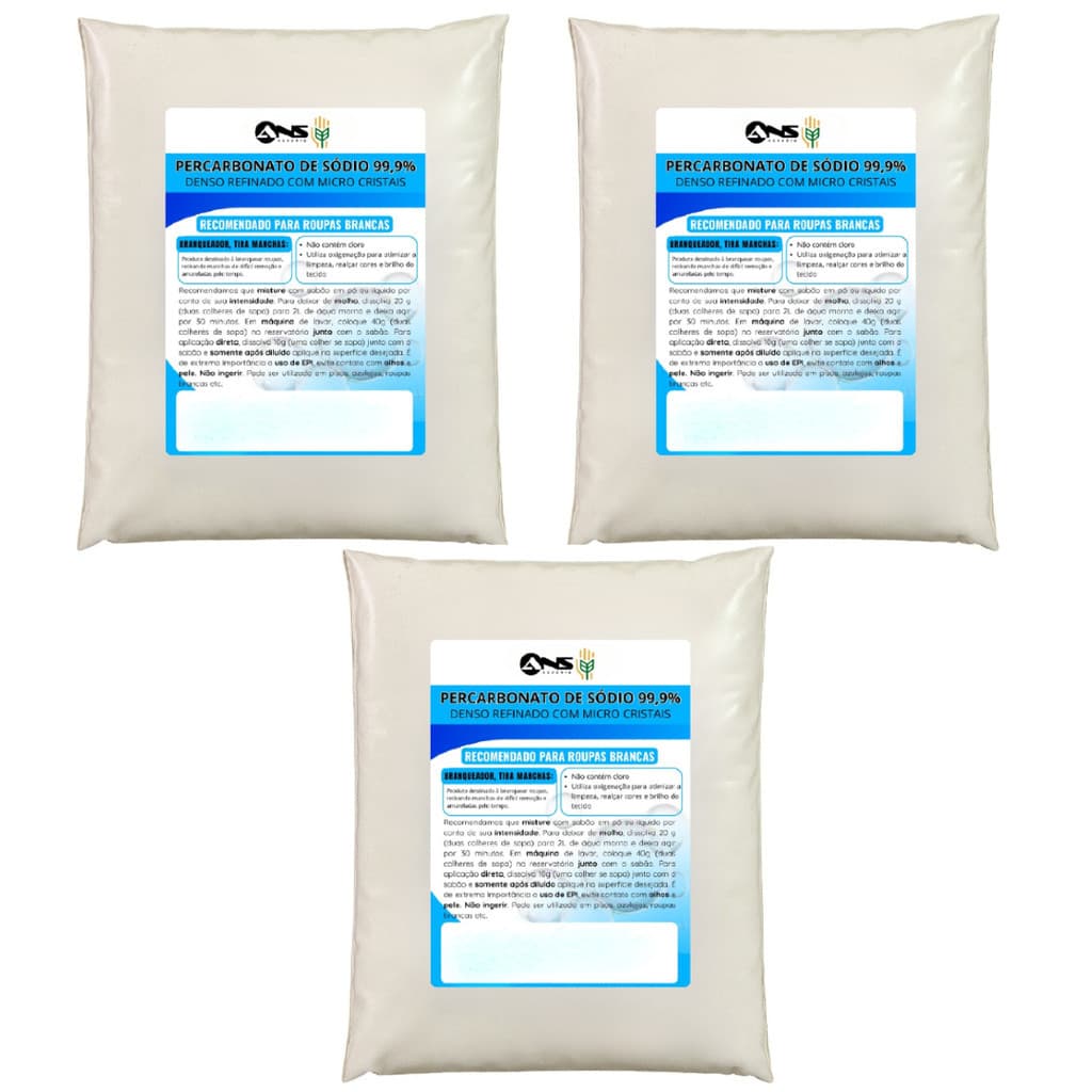 Kit 3 Percarbonato de Sódio 99,9% 1kg Alto Poder de Limpeza Marca ANS