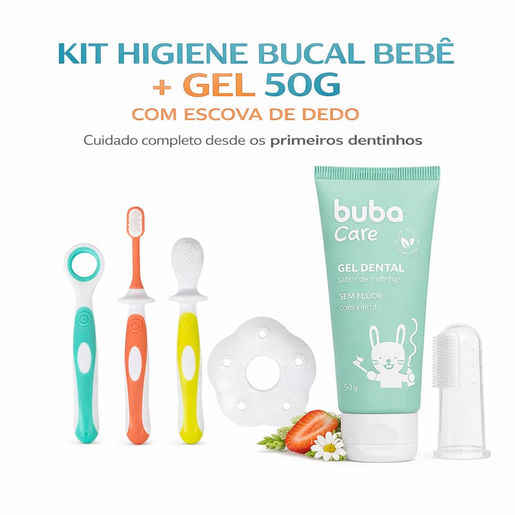 Kit Escovas Massageadora 3 em 1 Bebê + Gel Dental Buba Care Sem Flúor