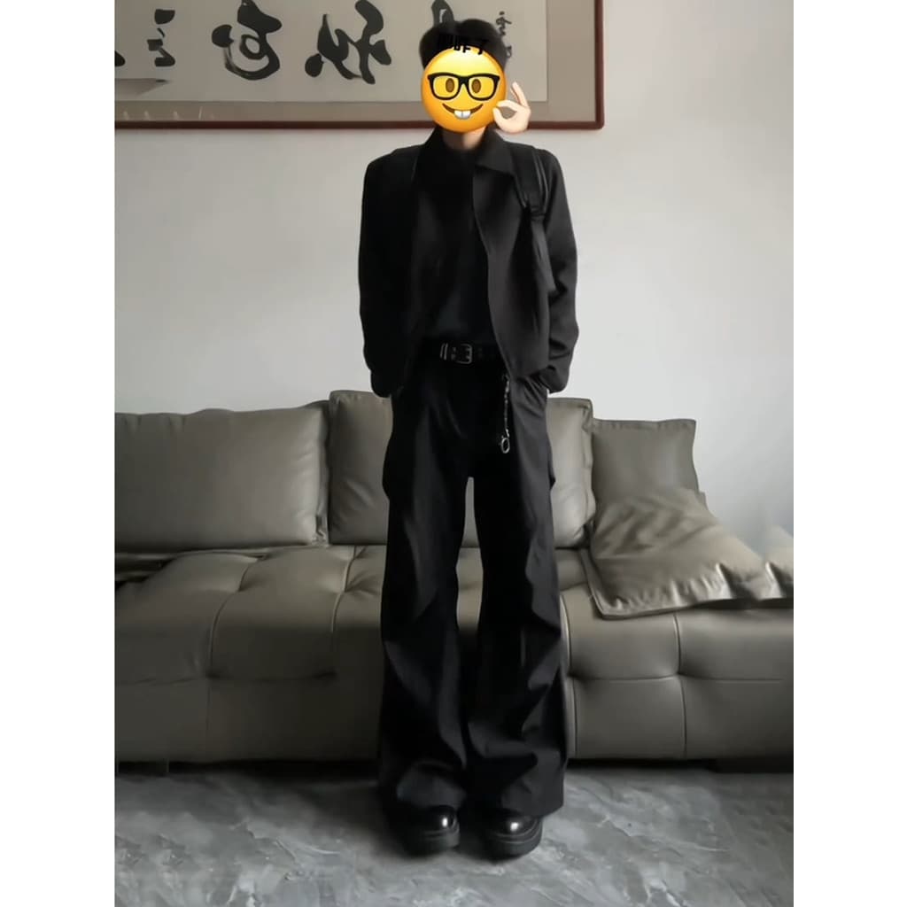 Cleanfit Micro queimado calças plissadas masculinas primavera outono preto macacão calças de perna larga estilo american