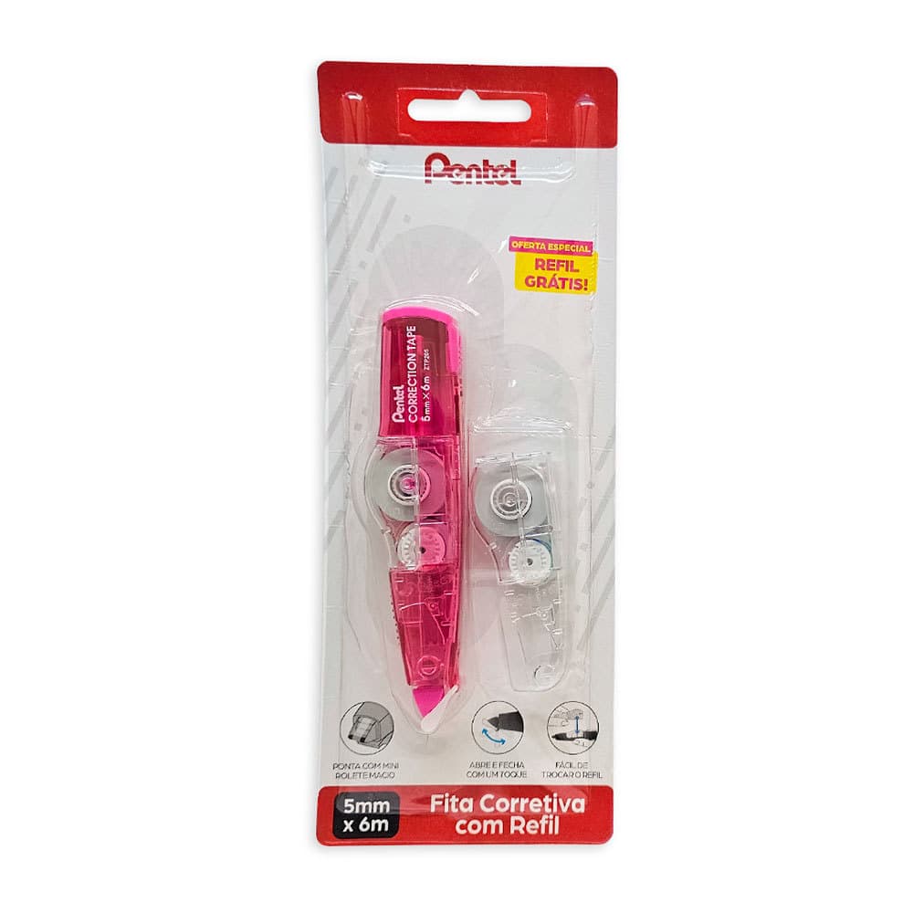 Corretivo em fita Correction Tape Rosa + refil 5mmx6m Pentel
