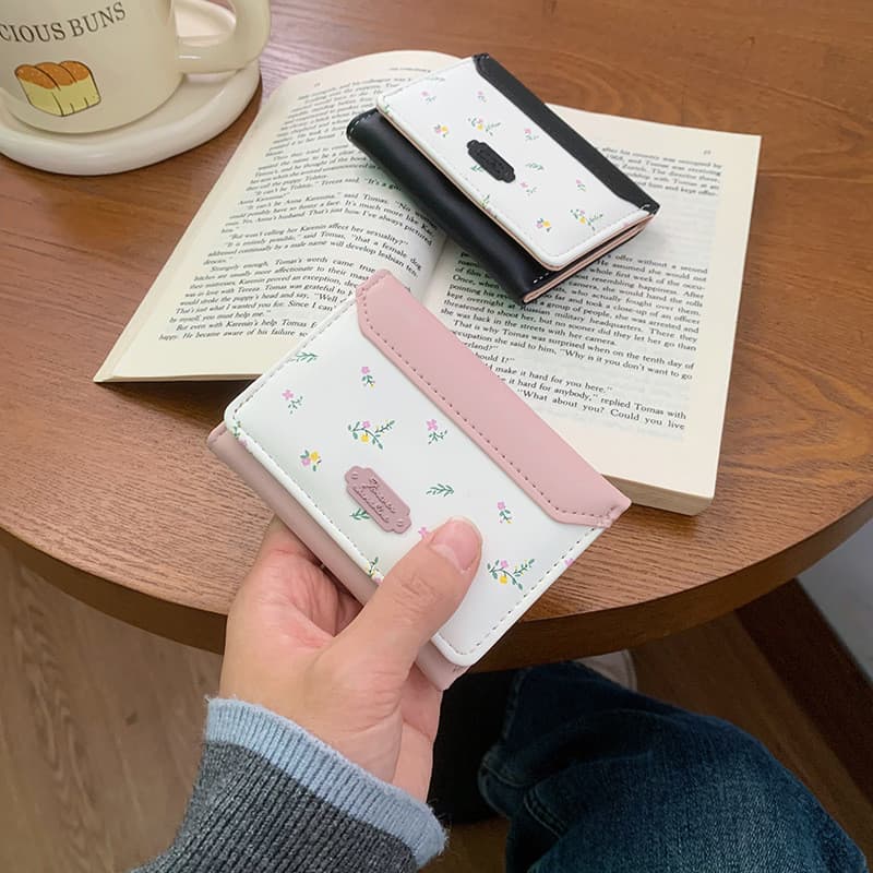 Carteira Feminina Com Três Dobras Florais Frescas | Bolsas Finas Slot Para Vários Cartões Bolsa Pequena Portátil Dinheir