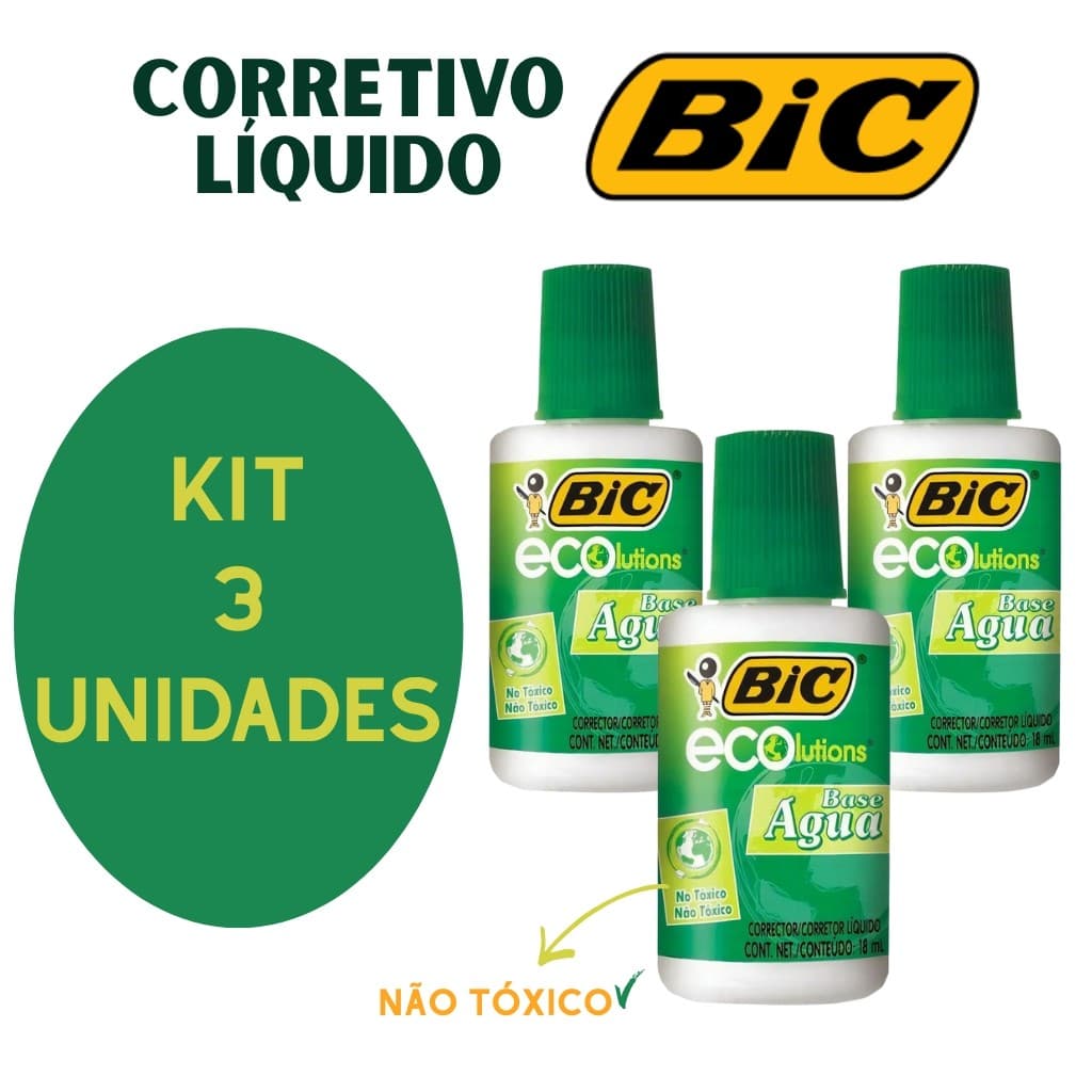 Corretivo Líquido Branco BIC 18 ml à Base de Água Kit 3 Unidades