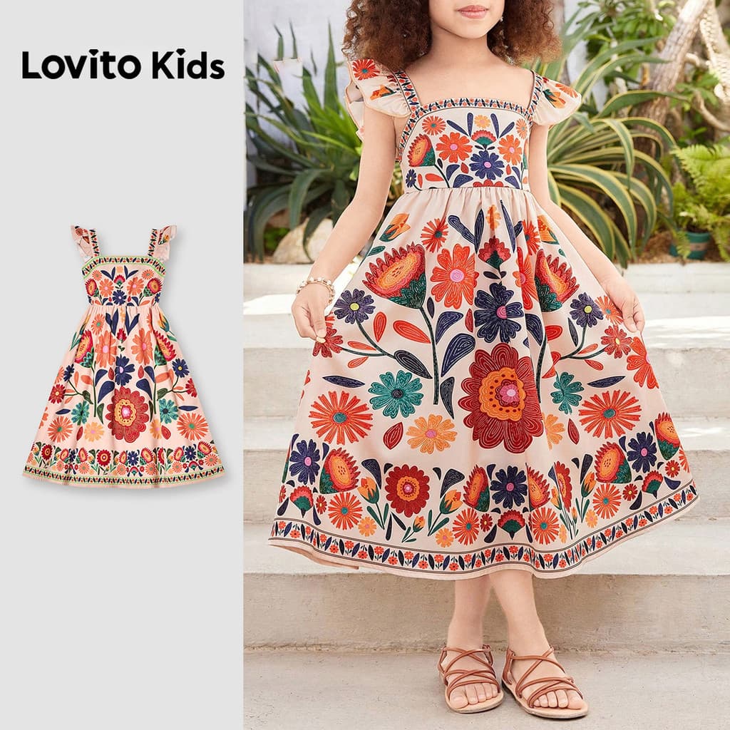 Lovito Kids Vestido Boho com Babados Vestido Primavera/verão para Menina L168LD175