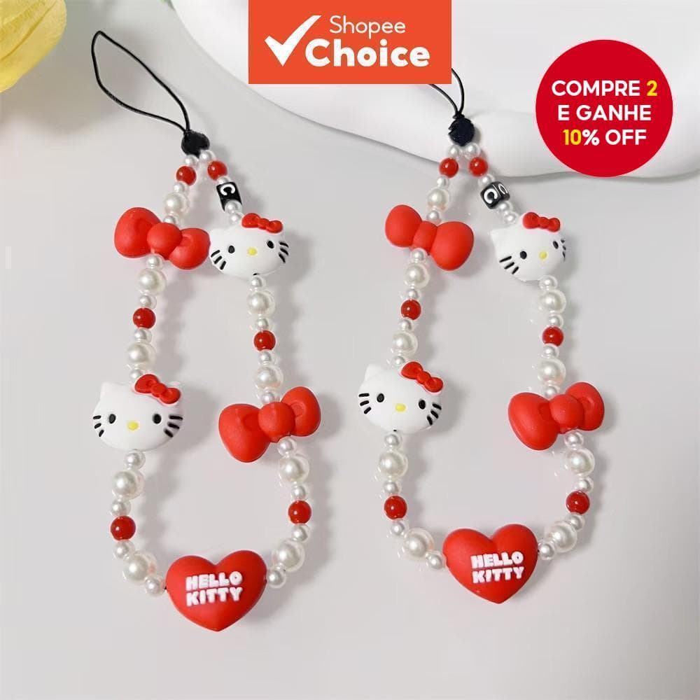 Pingente de Telefone Celular Silicone Gato Contas Pérola Acrílica Anti-Perda Pulseira Chaveiro Fofo para Meninas