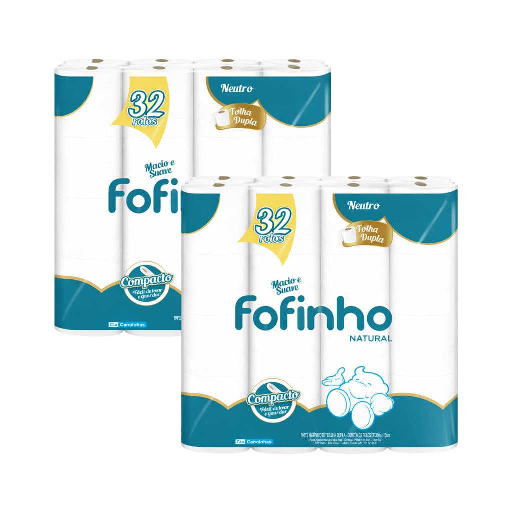 Papel Higiênico Fofinho Natural Compacto Folha Dupla Neutro 30m – Kit 2 Unidades (32 Rolos)
