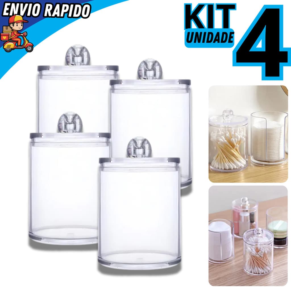 Kit 4 Porta Algodão e Cotonete Acrílico com Tampa 10,5cm Organizador para Banheiro e Penteadeira