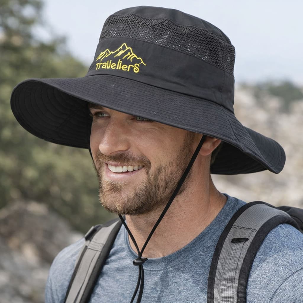 Chapéu Masculino Outdoor Aba Larga Respirável com Proteção UV Ideal para Trilha Pesca e Camping