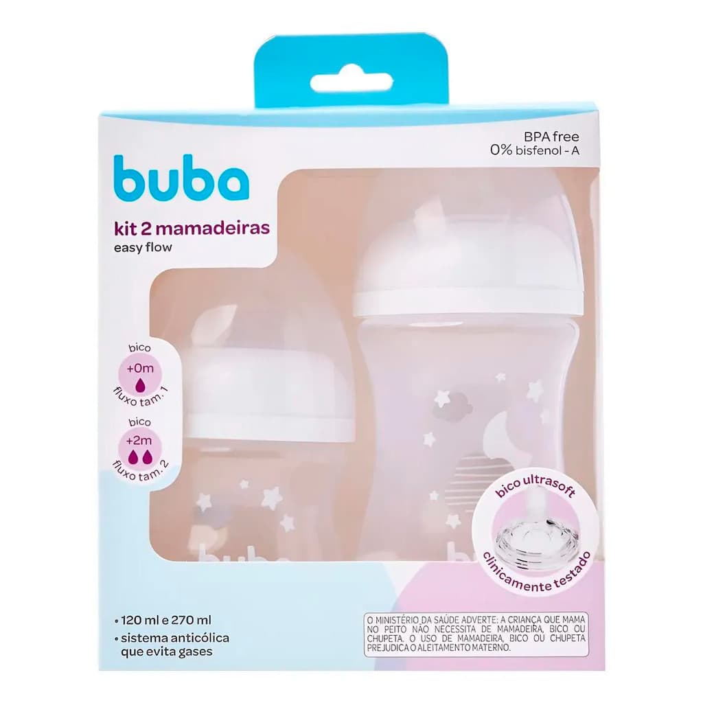 Kit 2 Mamadeiras Buba Easy Flow Anticólica Nuvem Branca