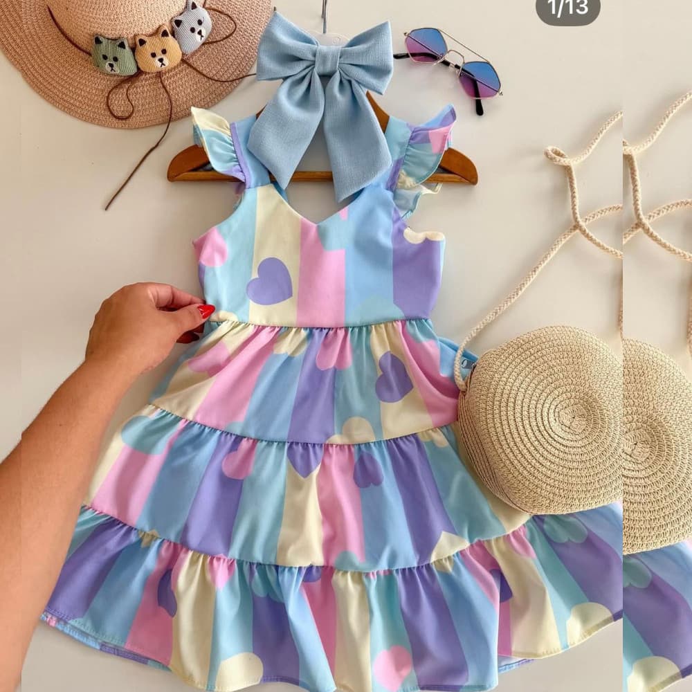 Vestido Infantil 3 Coração Cor Pasteis Luxo
