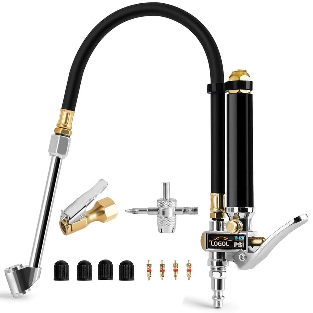 Inflador de Pneus com Manômetro (10-120 PSI). Calibrado de acordo com a norma ANSI B40.1 Grau B. Com trava de mangueira 