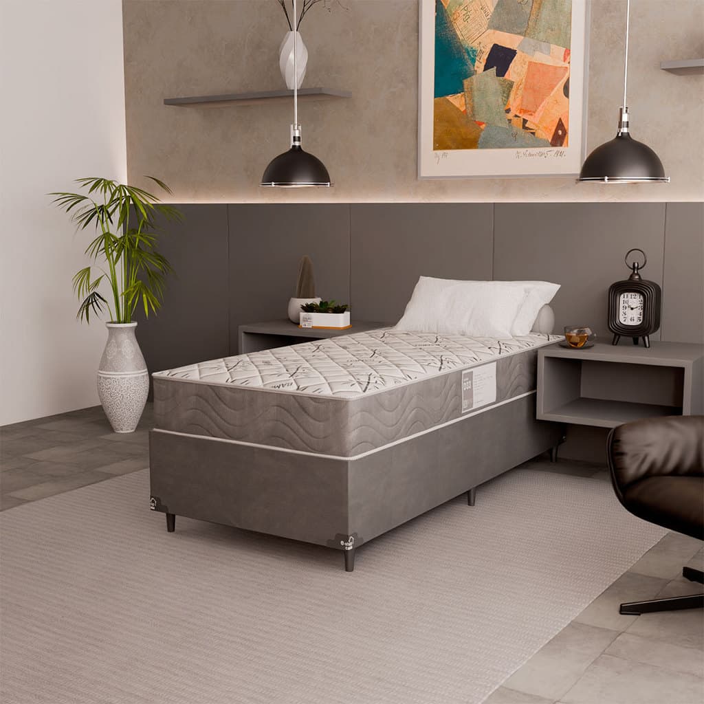 Cama Box Solteiro + Colchão D33 One Face - Suede Cinza